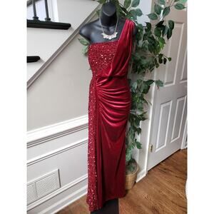 Miss Ord Long Gown Women 2XL Red Sequin Velvet One Shoulder Sleeve Wedding Party